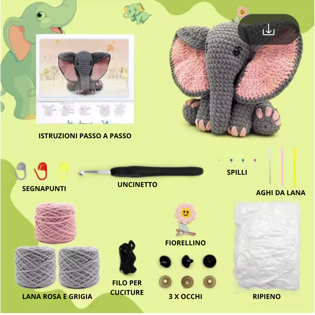 Kit Elefante all'uncinetto, facile da zero